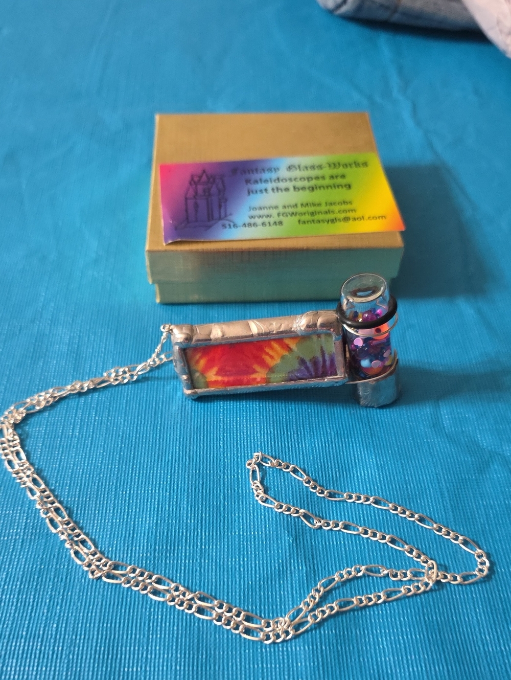 Handmade Kaleidoscope Pendant Necklace with Rainbow Tie-Dye Inlay